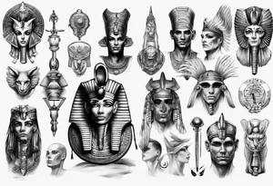 Egyptian gods theme full sleeve realistic tattoo idea