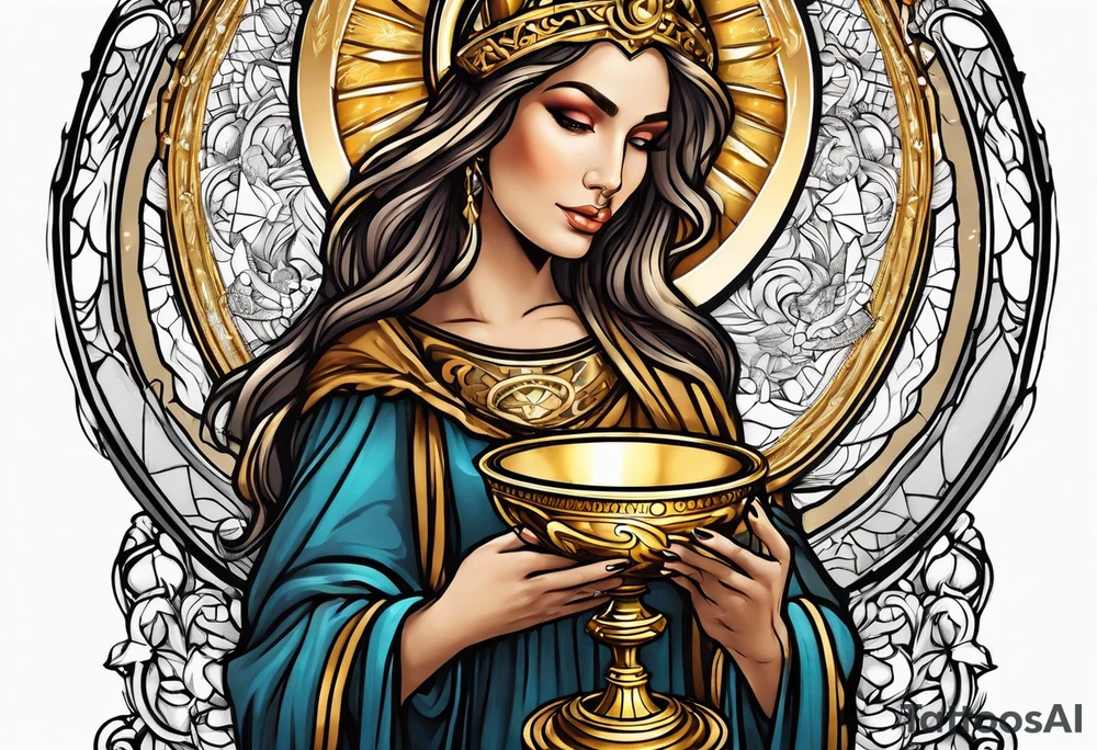 woman saint holding chalice surrounded by golden halo sideways tattoo idea