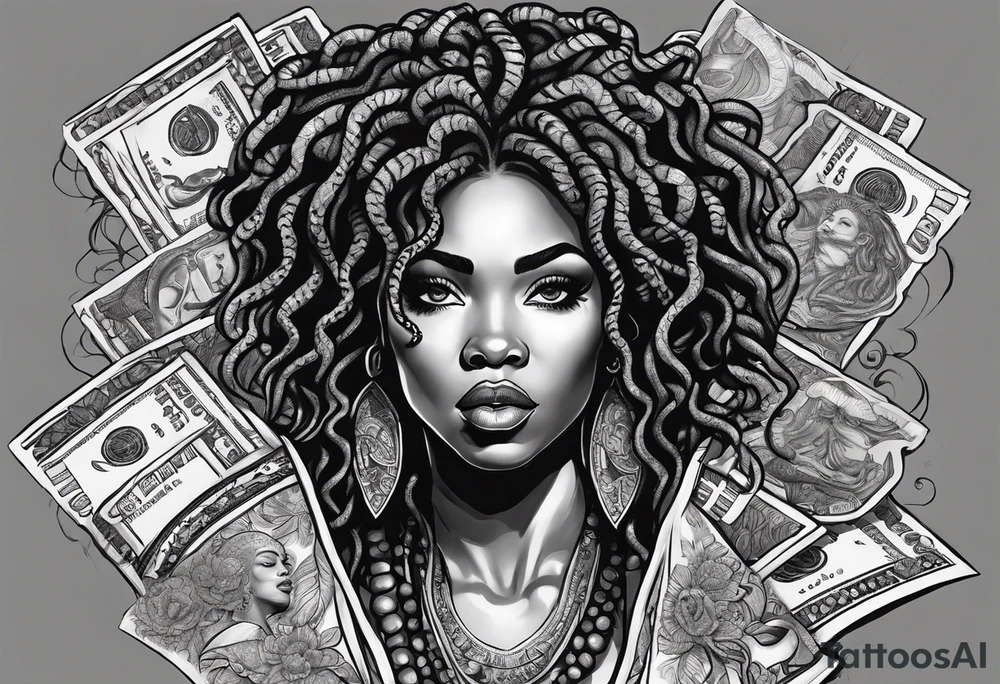 African medusa with money tattoo idea