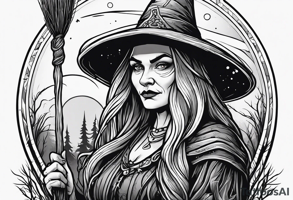Slavic swamp witch with a broom creepy old ugly tattoo idea