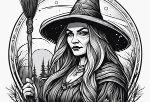 Slavic swamp witch with a broom creepy old ugly tattoo idea