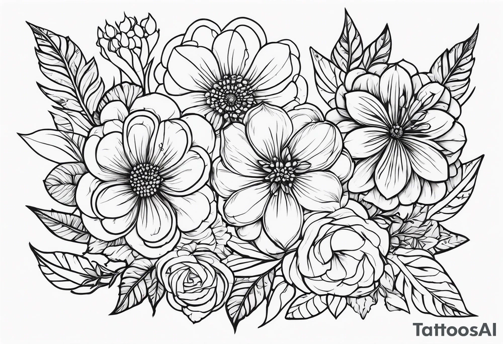 ramo de flor conjunto linha reta tattoo idea