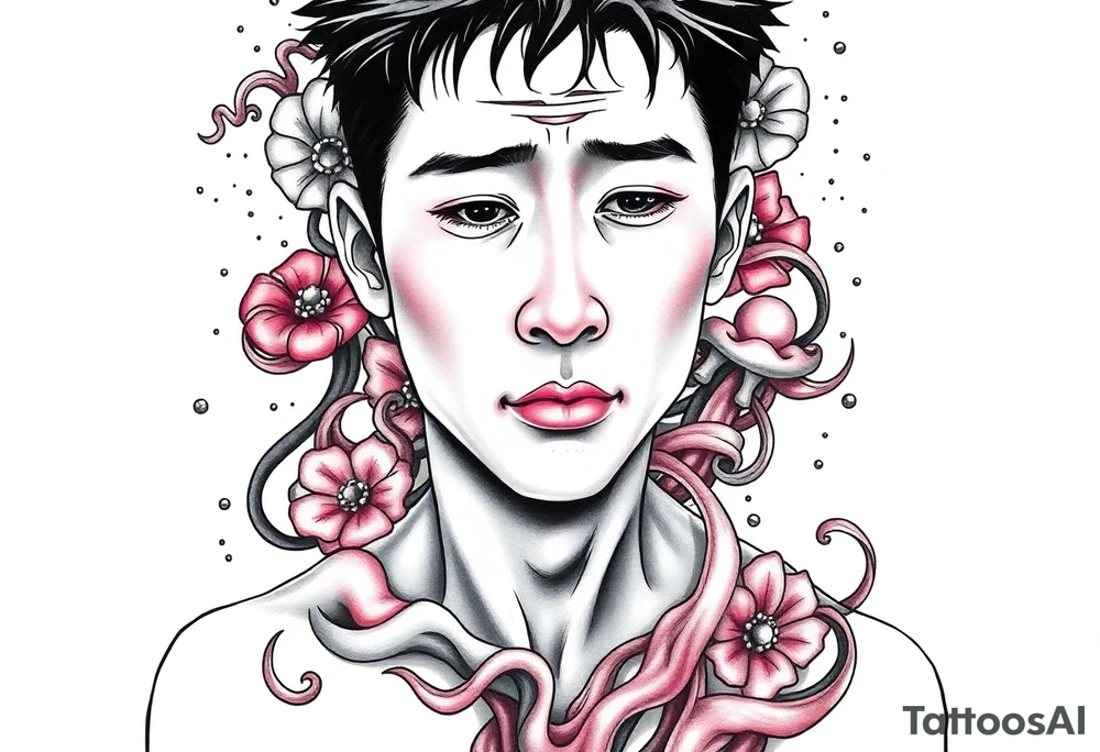 Handsome Asian young guy is standing on his knees sorry tattoo idea