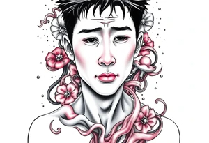 Handsome Asian young guy is standing on his knees sorry tattoo idea