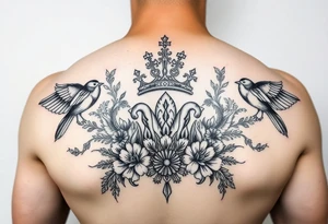 powerful majestic with a crown, surrounded by floral ornaments and birds tattoo idea