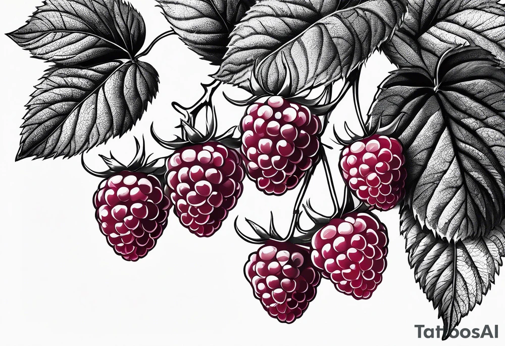 a single long raspberry branch with lots of leaves that is hanging upside down in black and white tattoo idea