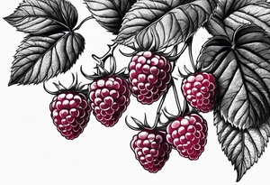 a single long raspberry branch with lots of leaves that is hanging upside down in black and white tattoo idea