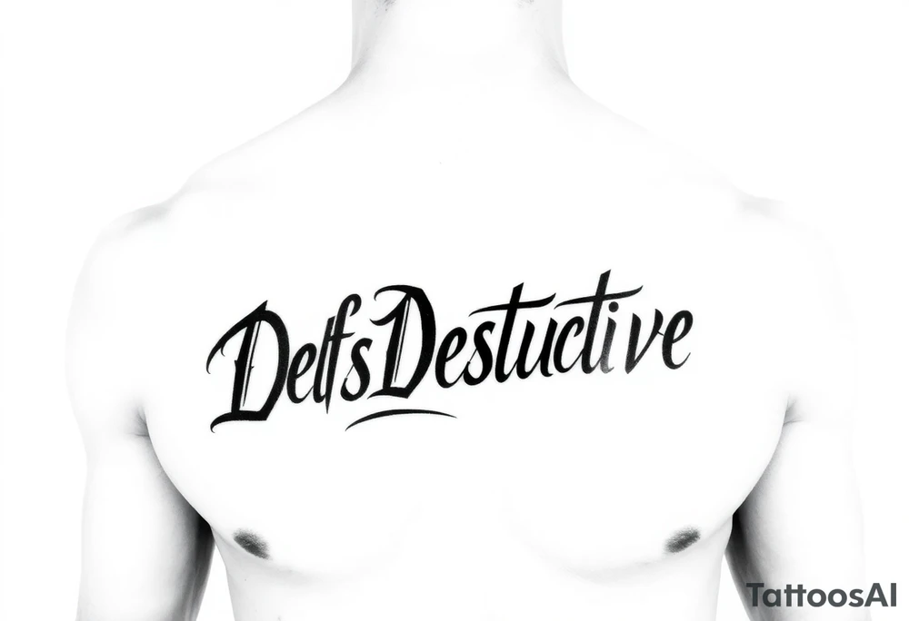 Outline of the words Self Destructive in a bold and thick gothic black letter cursive/ curly font lettering across the chest tattoo idea
