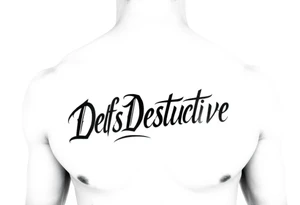 Outline of the words Self Destructive in a bold and thick gothic black letter cursive/ curly font lettering across the chest tattoo idea