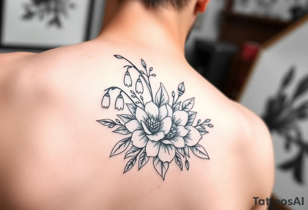 Snow drops, roses flower bouquet fine line tattoo idea