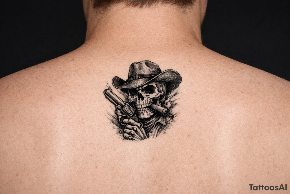 skull with cowboy-hat,a big cigar in his mouth and a gun in a hand. tattoo idea
