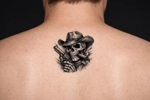 skull with cowboy-hat,a big cigar in his mouth and a gun in a hand. tattoo idea
