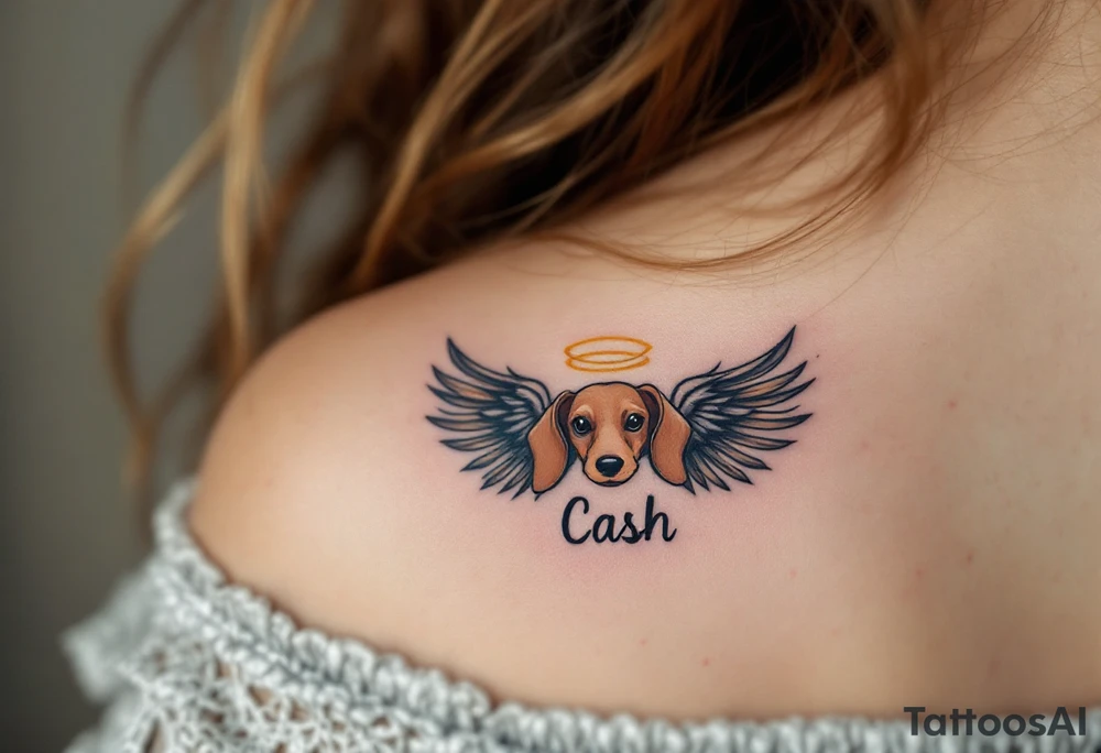 Dachshund ears between wings with a halo above and the name Cash tattoo idea