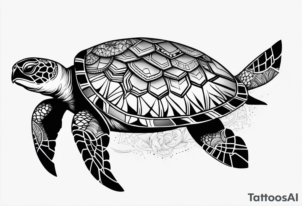 Full leg sleeve sea turtle and tribal and geometric tattoo idea