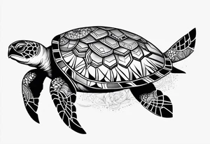 Full leg sleeve sea turtle and tribal and geometric tattoo idea