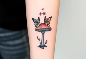 colorful 
mushroom with 2 butterflies above it on your lower inner arm tattoo idea