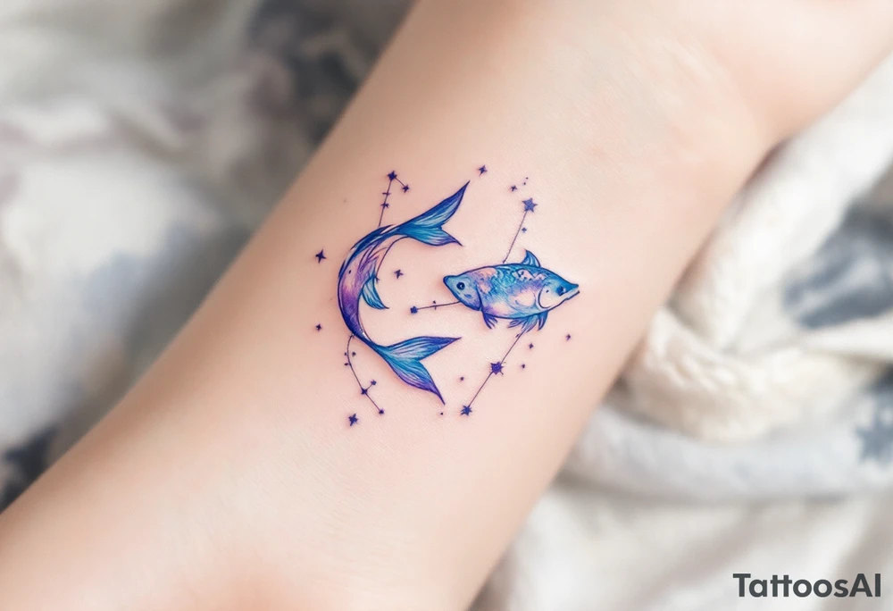 A delicate watercolor Pisces constellation tattoo in soft blues and purples symbolizes the dreamy essence of the zodiac sign. tattoo idea