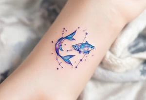 A delicate watercolor Pisces constellation tattoo in soft blues and purples symbolizes the dreamy essence of the zodiac sign. tattoo idea
