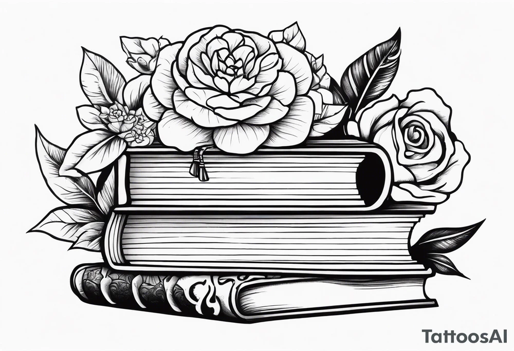 feminine tattoo of stacked books and flowers with a snake and skull tattoo idea