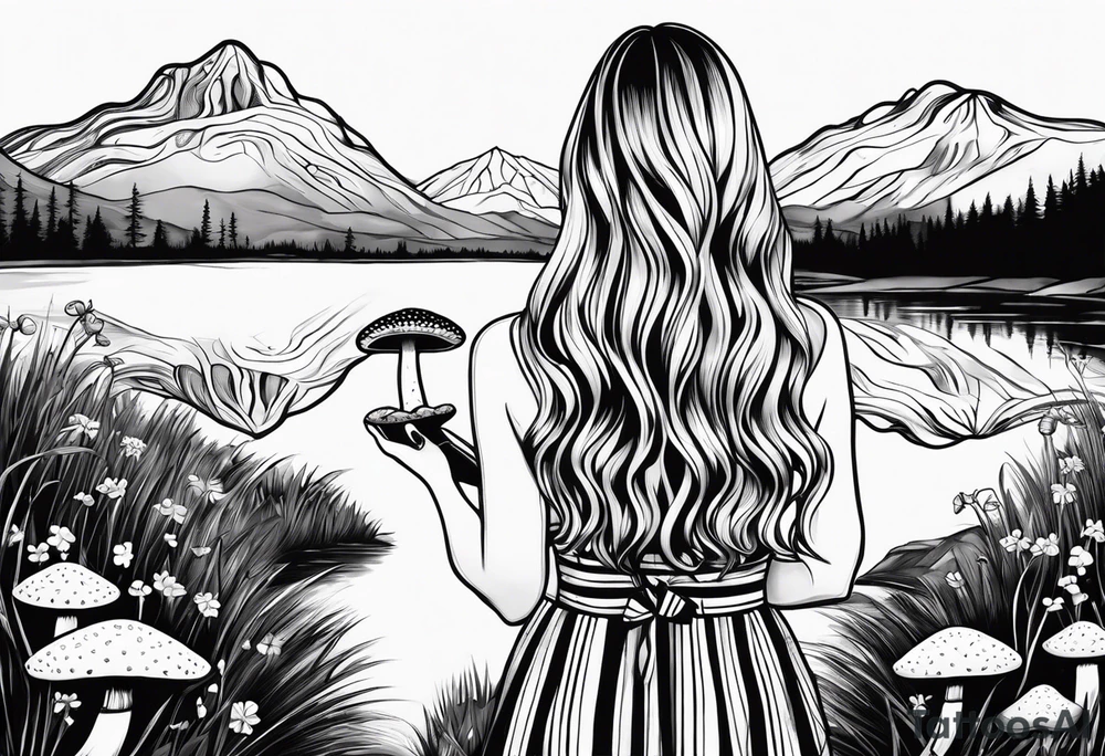 Straight long blonde hair hippie girl in distance holding mushrooms in hand facing away toward mountains and creek surrounded by mushrooms black and white striped dress tattoo idea