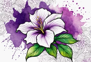 A mystical outline of a dipladenia flower and a green/purple watercolor splatter in the background to make the flower mainly green with purple highlights tattoo idea