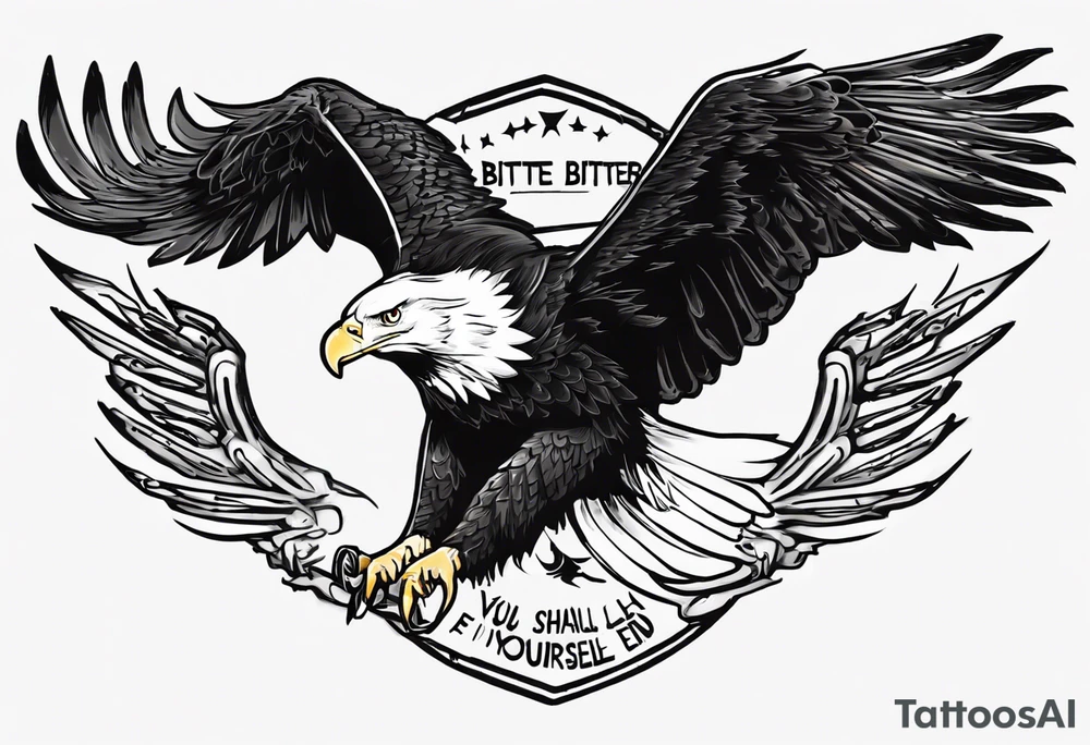 swooping bald eagle
, with the words "you shall prove yourself in the bitter end" along the top and on the bottom the words "but for now, brace yourself." tattoo idea swooping bald eagle
, with the words "you shall prove yourself in the bitter end" along the top and on the bottom the words "but for now, brace yourself." tattoo idea