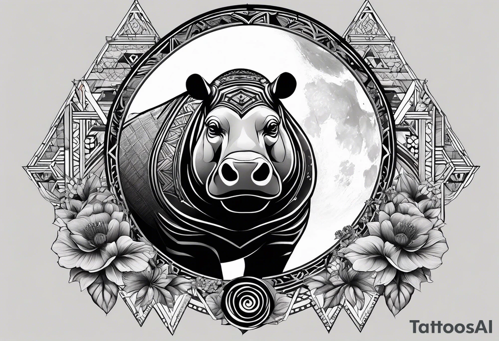 Very asymmetrical, +geometric pattern, with realistic full moon, with hippo at side look, +tribal, +geometric, +inkart , +blackwork, +grey scale, + sketch
with wintersweet flower bud, +inkart touch, +for men, detailed , combined favourite tattoo idea