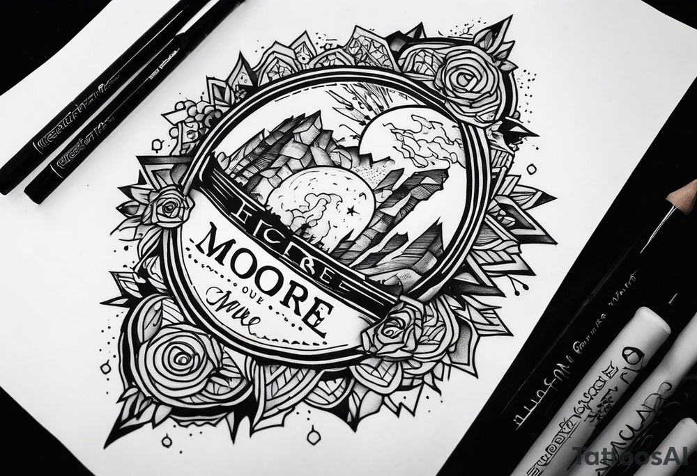 A thigh tattoo of the name Moore and also says from the past we rise to our future tattoo idea