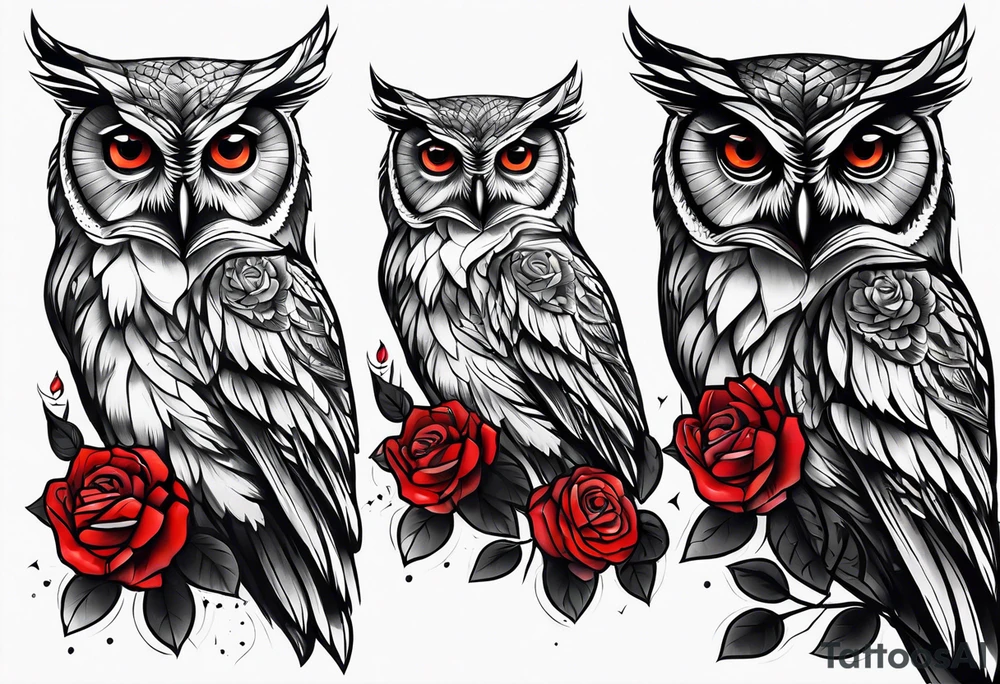 Forearm tattoo Color one Owl with red roses tattoo idea