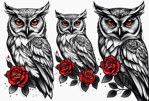 Forearm tattoo Color one Owl with red roses tattoo idea