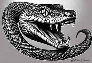 Black and grey realism with a western diamondback snake rainforest background for a forearm sleeve. Create the snake to be coiled and mouth open showing fangs tattoo idea