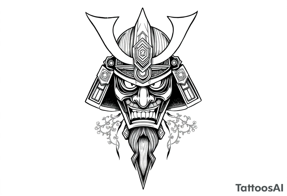 Samurai helmet tattoo design, Japanese style, black and grey ink, highly detailed, bold linework, symmetrical layout, traditional armor, ornamental patterns, forearm placement, minimal background, warrior spirit, sketch style tattoo idea