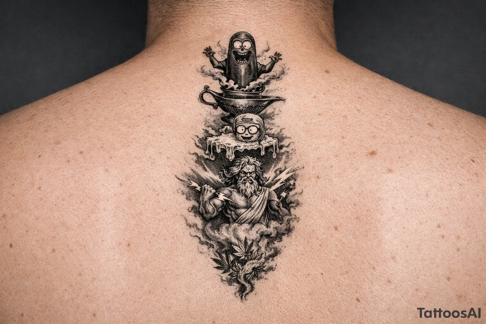 From a gene lamp out comes pickle rick then melts into a stick of morty butter then explodes into Zeus then withers away into weed smoke tattoo idea