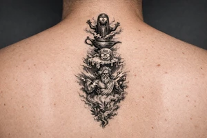 From a gene lamp out comes pickle rick then melts into a stick of morty butter then explodes into Zeus then withers away into weed smoke tattoo idea