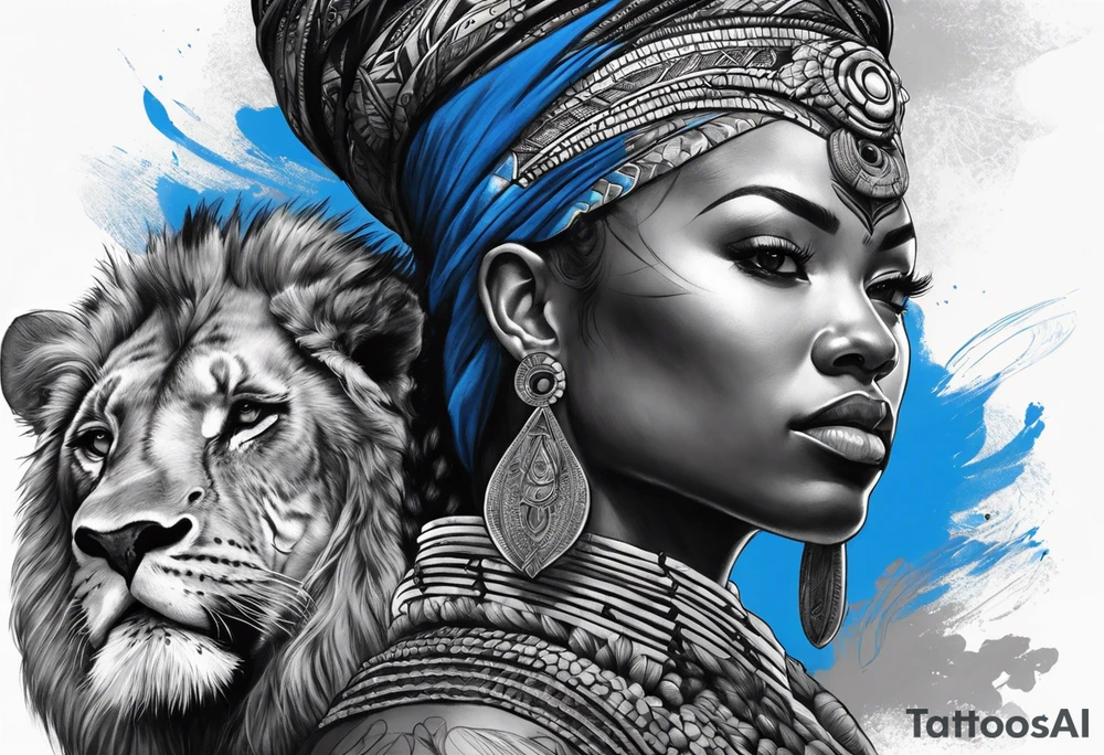 guerreiro africano realista em preto e cinza com tons de azul
 no fudo de savana tattoo idea