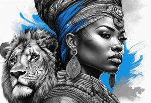 guerreiro africano realista em preto e cinza com tons de azul
 no fudo de savana tattoo idea