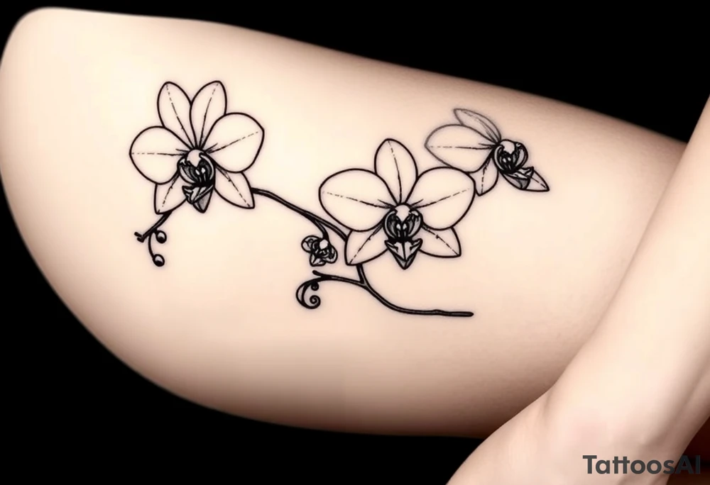 Three fine line orchids different size realistic and a mix of vagina. Are connected with branches tattoo idea