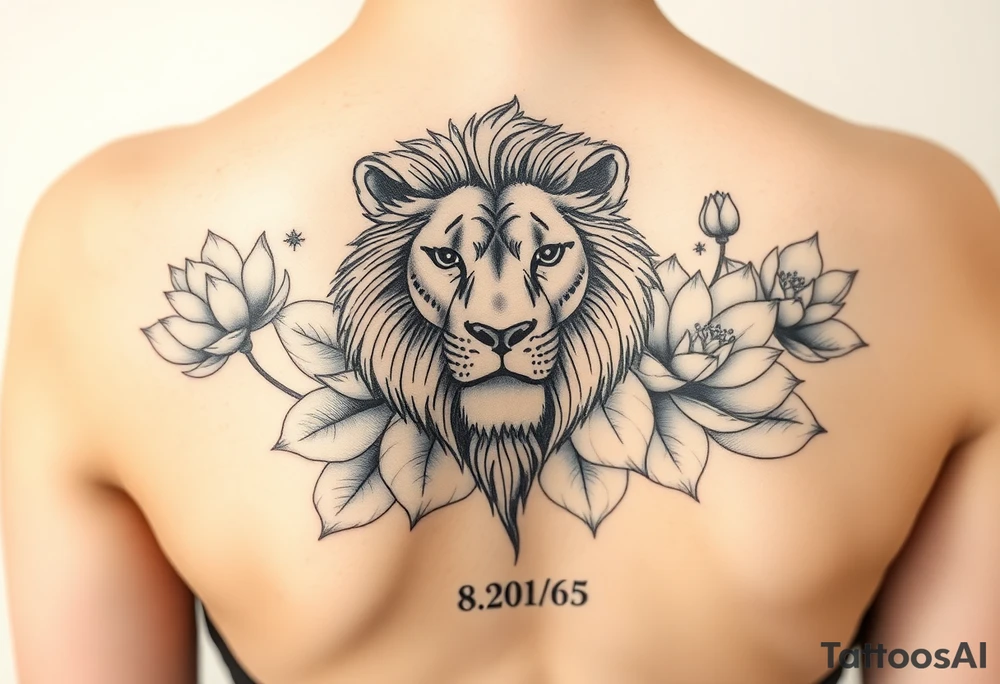 lion face as one of the lotus flowers then the rest blooming lotus flowers in mist with the date 8/20/65 for sleeve tattoo idea
