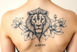 lion face as one of the lotus flowers then the rest blooming lotus flowers in mist with the date 8/20/65 for sleeve tattoo idea