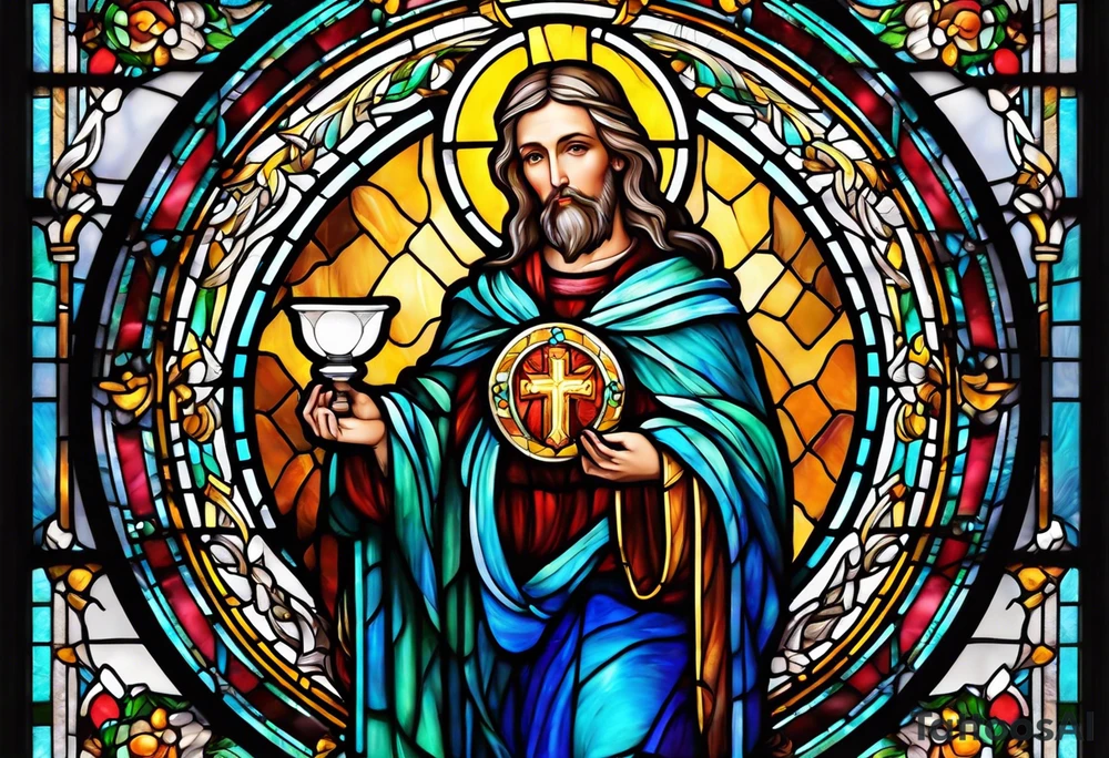 holy saint stained glass holding a chalice tattoo idea