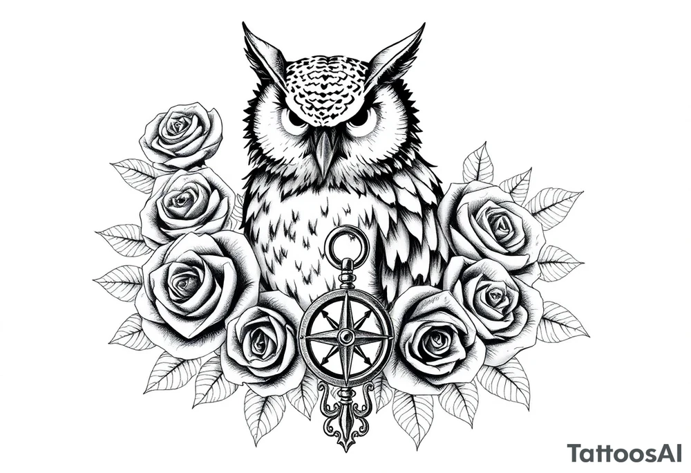 an owl,roses,compass,key. tattoo idea