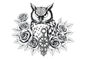 an owl,roses,compass,key. tattoo idea