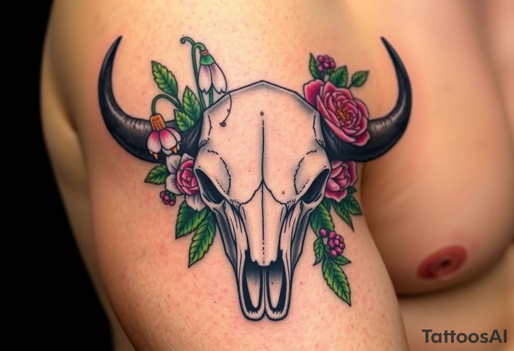Buffalo or bison skull with flowers. Peony, snowdrop, holly with berries, larkspur, peony. Colour. For upper arm or shoulder. Masculin. tattoo idea