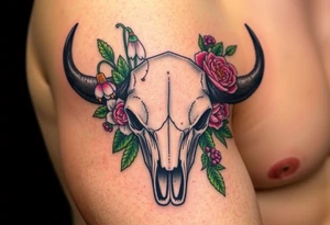 Buffalo or bison skull with flowers. Peony, snowdrop, holly with berries, larkspur, peony. Colour. For upper arm or shoulder. Masculin. tattoo idea