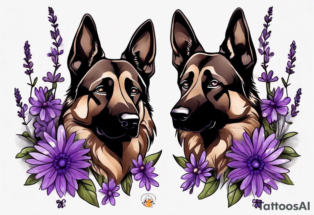 Dark brown German Shepherd with purple daisies tattoo idea