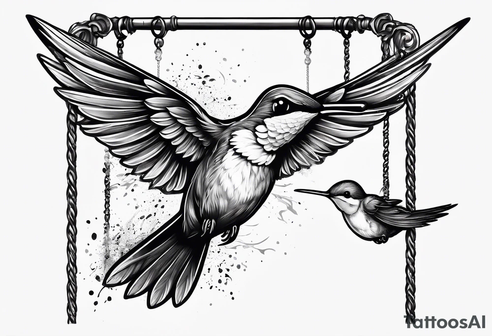 hummingbird with sad angel on swing coming out of tail feathers tattoo idea