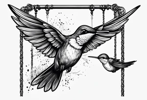 hummingbird with sad angel on swing coming out of tail feathers tattoo idea