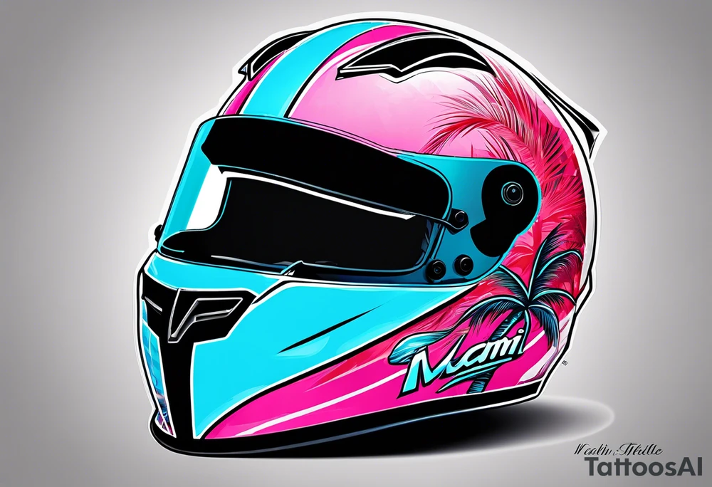 Formula 1 helment with miami name a palm tree and light blue black and pink colors tattoo idea