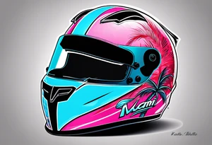 Formula 1 helment with miami name a palm tree and light blue black and pink colors tattoo idea