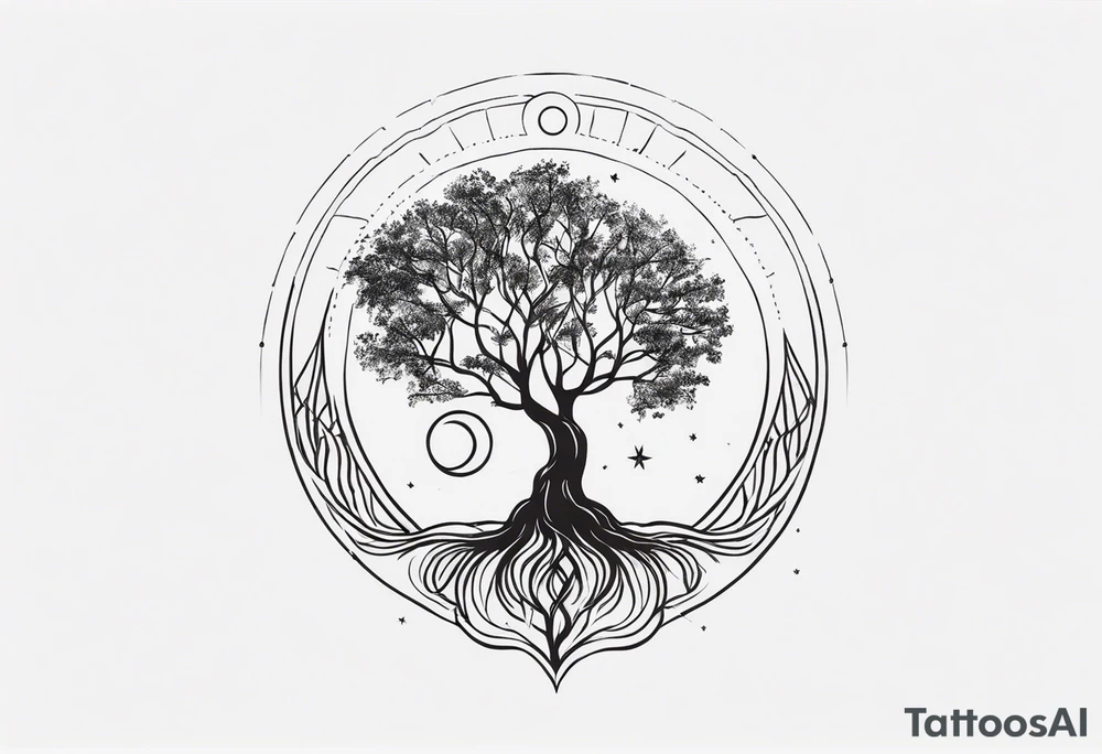 Tree of life with deep roots, the tree is holding the sun and the moon tattoo idea
